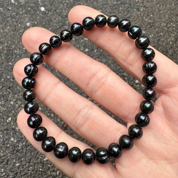 Vintage Honora Black Freshwater Pearl Stretch Bracelet, Round Ringed Iridescent - Picture 4 of 10